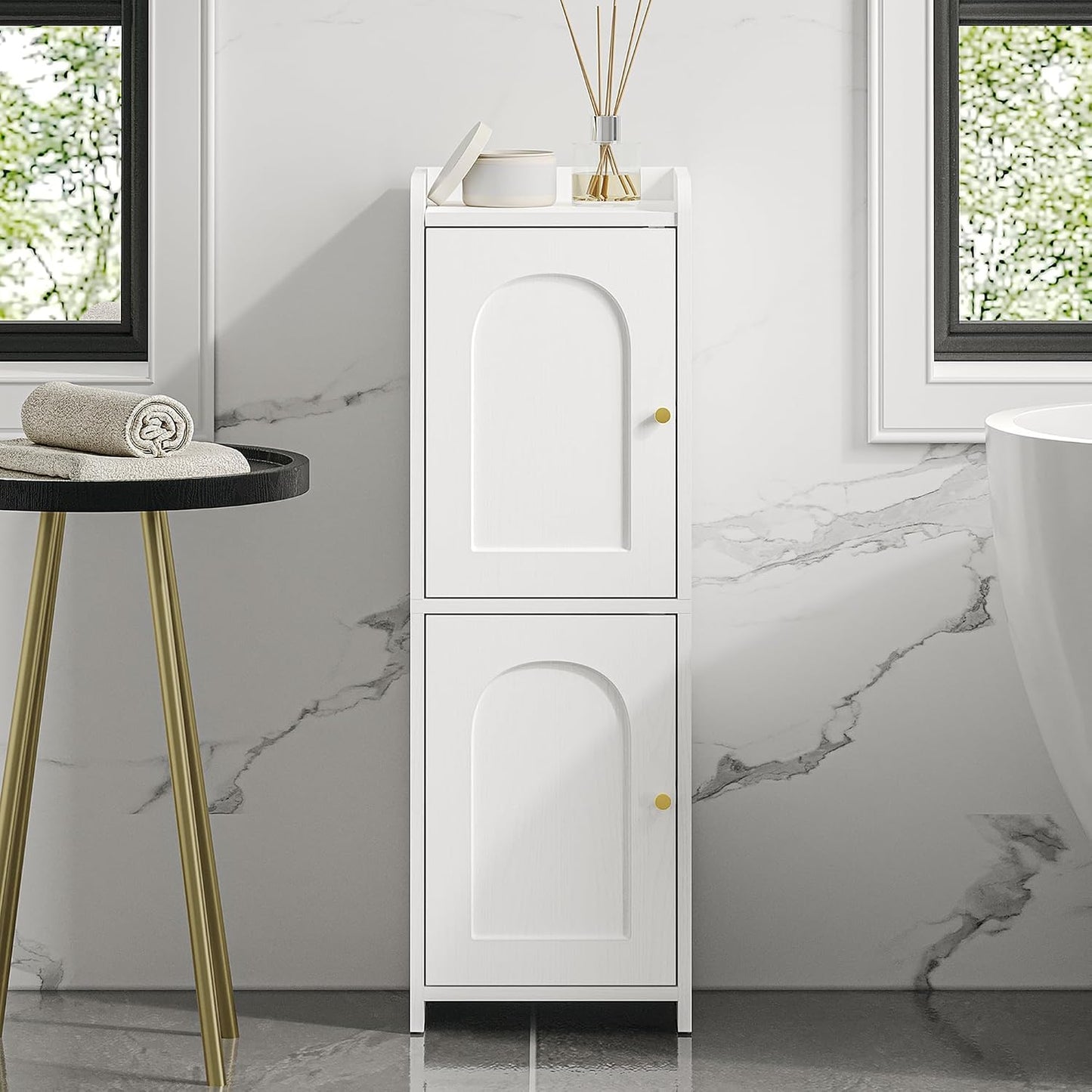 Hzuaneri Bathroom Storage Cabinet, Small Corner Floor Cabinet with 2 Doors | Narrow Toilet Paper Cabinets with Adjustable Shelf, Bathroom Organizer for Small Spaces, 7.9" D x 9.8" W x 29.5" H White