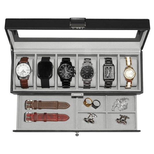 Watch Box for Men 6 Slot,Double Layer Mens Watch Case Display Organizer with Real Glass Top,Large Holder for 50mm Watches,PU Leather Jewelry Drawer Storage Valet Tray for Men,Black