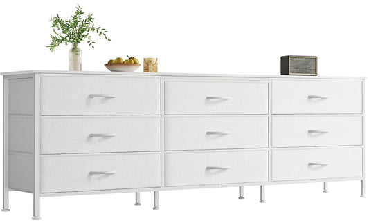 Huuger 63 Inch Dresser for Bedroom, Dresser for Closet with 9 Fabric Drawers, Large TV Stand for 55, 65, 70 Inch TV, Entertainment Center with Storage, Wide Long Chest of Drawers, White