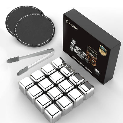 16 Pack Reusable Stainless Steel Ice Cubes for Drinks - Metal Whiskey Stones, High Cooling Technology, for Whiskey, Vodka, Liqueurs, Wine, Beverage Juice or Soda, Pack of 16
