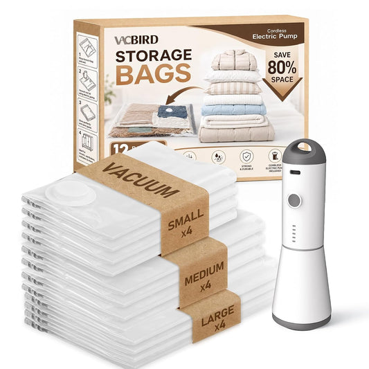 Vacbird Travel Vacuum Storage Bags with Rechargeable Cordless Pump, 12 Pack Vacuum Seal Bags for Clothing(4 Large+4 Medium+4 Small), Compression Packing for Clothes Suitcase Luggage Blanket Pillows