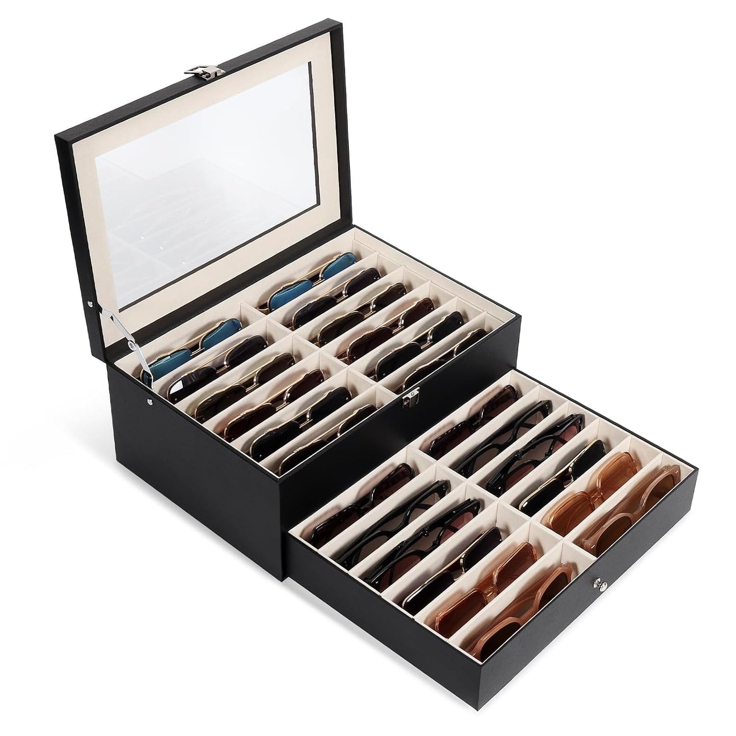 Sunglasses Storage Organizer Case with 24 Adjustable Slots, 2 Layer Multi Eyeglass Glasses Display Box with Lid Women