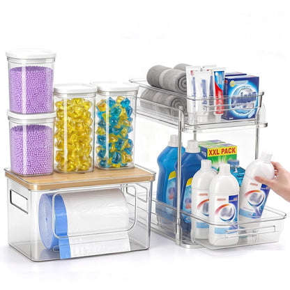 Trash Bag Holder with Bamboo Lid, Stackable Trash bag Dispenser with 2-tier Rack and 4 Plastic Bottles, Extra Large Garbage Bag Holder for Kitchen Laundry Room Under Sink Organization and Storage