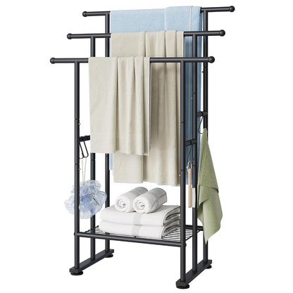 3 Tier Freestanding Towel Rack with Shelf, 40" H Towel Stand, Black | Metal Drying Rack for Oversized Bath Towels & Blankets, 4 Hooks, Indoor & Outdoor Use, Fits Bathroom, Tub, Shower, Poolside
