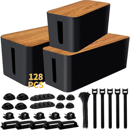YUANYE Cable Management Box Cable Management Kit for Power Strip to Hide Wires,Cord Organizer Boxes,Safe ABS Material Wire Organizer of Cable Clips Sleeve for Home & Office,3Pack-128PCS /Black