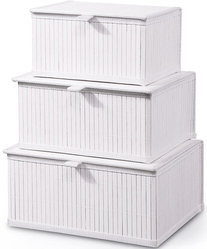 Bamboo Decorative Storage Boxes - Set of 3 Woven Lined Storage Basket with Lids, White Wicker Lidded Baskets for Home Kitchen Shelf Organizer Decor
