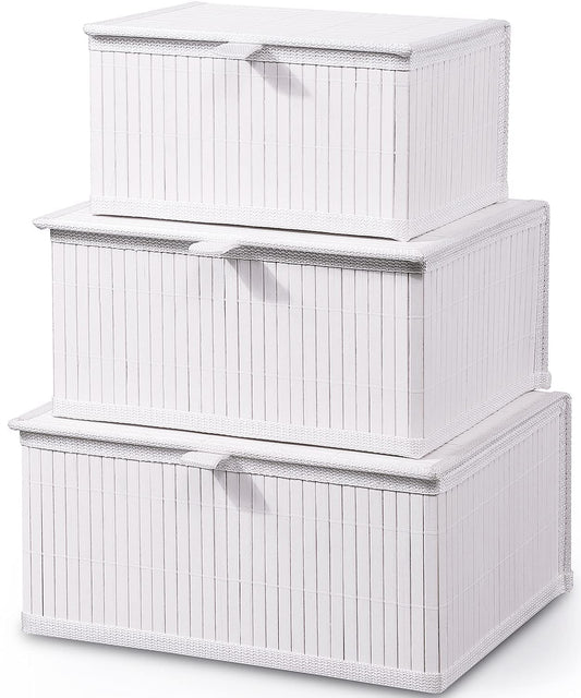 Bamboo Decorative Storage Boxes - Set of 3 Woven Lined Storage Basket with Lids, White Wicker Lidded Baskets for Home Kitchen Shelf Organizer Decor