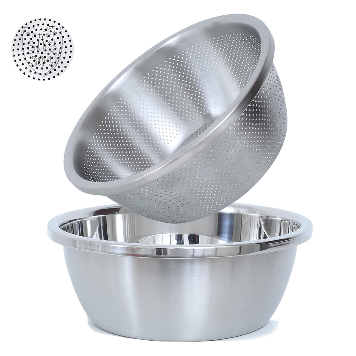 Paoli 304 Stainless Steel Fine Mesh Colander Set, 2QT Large Capacity Strainer with Mixing Bowl — Rinse Fruits, Veggies, Rice & Drain Pasta, Dishwasher Safe (2-Piece)