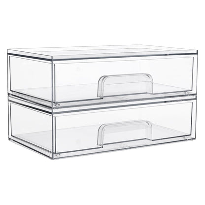 Vtopmart Clear Stackable Storage Drawers, 2 Pack Wide Plastic Organizers | Clear Pull-Out Plastic Drawers, Stackable Design for Makeup Palettes, Cosmetics, Beauty Supplies, Vanity, Cabinet and Desk