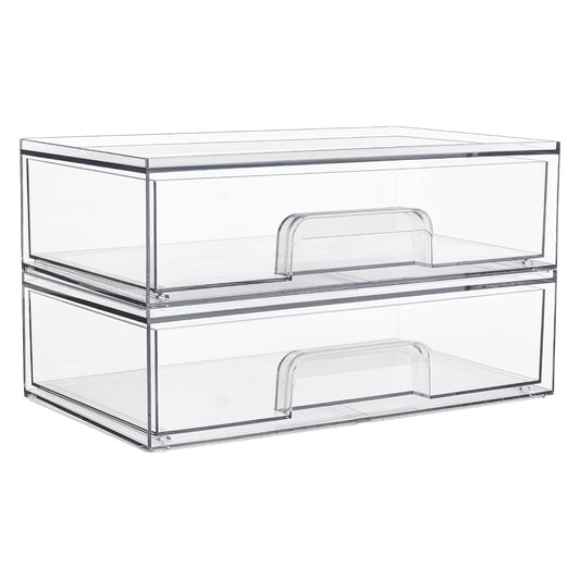Vtopmart Clear Stackable Storage Drawers, 2 Pack Wide Plastic Organizers | Clear Pull-Out Plastic Drawers, Stackable Design for Makeup Palettes, Cosmetics, Beauty Supplies, Vanity, Cabinet and Desk