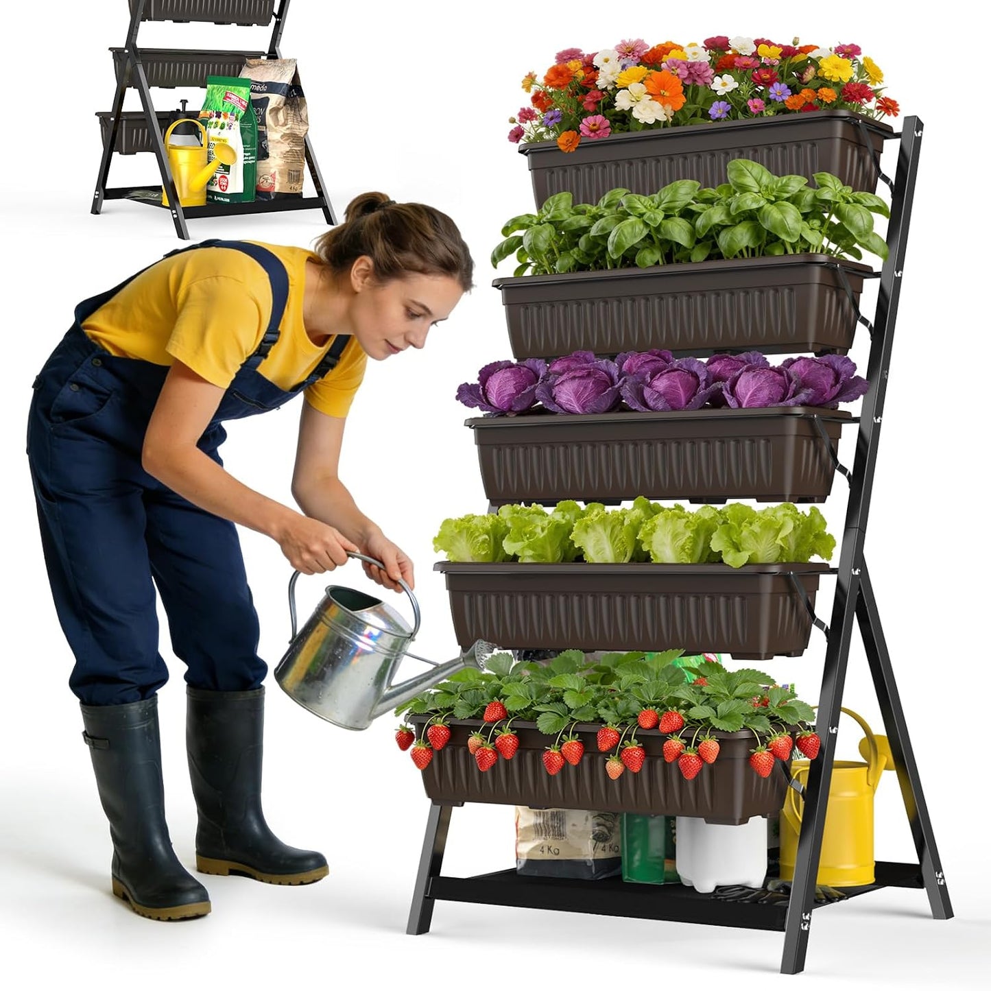 5-Tier Vertical Garden Bed Planter Boxes with Drainage System & Storage Space, Freestanding Vertical Garden Planter with 5 S-Hooks for Plants Vegetables Flowers Herbs in Garden Patio Yard