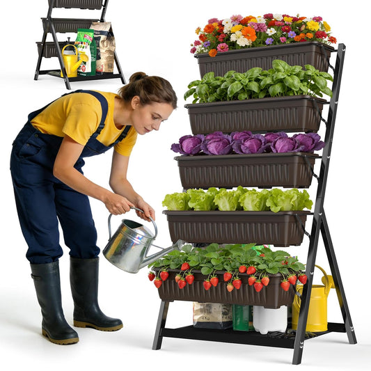 5-Tier Vertical Garden Bed Planter Boxes with Drai... (Brown)