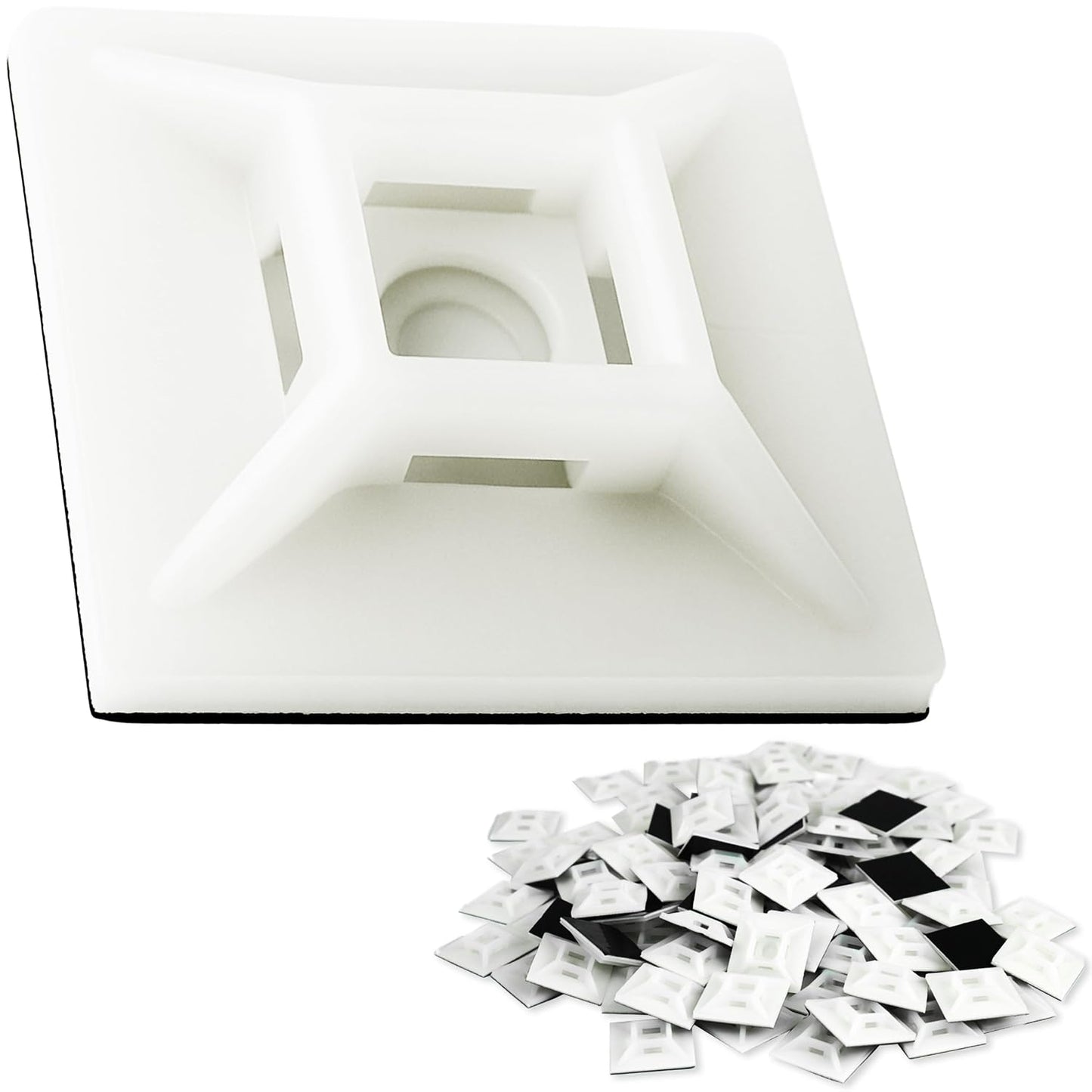 Large, Premium Zip Tie Adhesive-Backed Mounts 100 Pk by Phyxology Supply. Pro-Grade, UV White Cable Tie Bases: 1.1 in x 1.1 in. Screw-Hole Anchor Point Gives High-Strength Durability for Long-Term Use