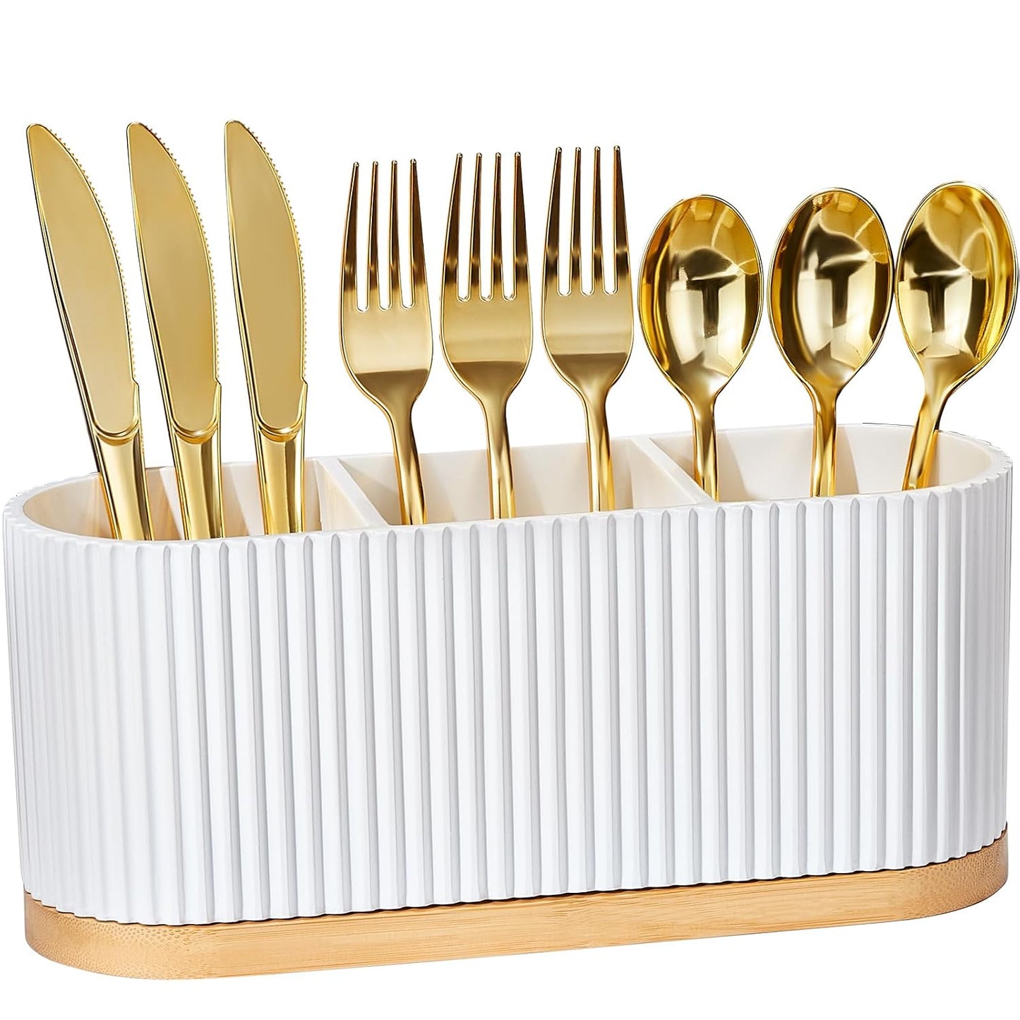 HouseJoy White Countertop Silverware Holder: Cutlery Caddy w/3 Compartment | Large Size-Easy Clean-Anti-slip-Kitchen Utensil Holder-Ideal for Fork/Spoon/Knife/Pen Pencil-Silverware Caddy Organizer