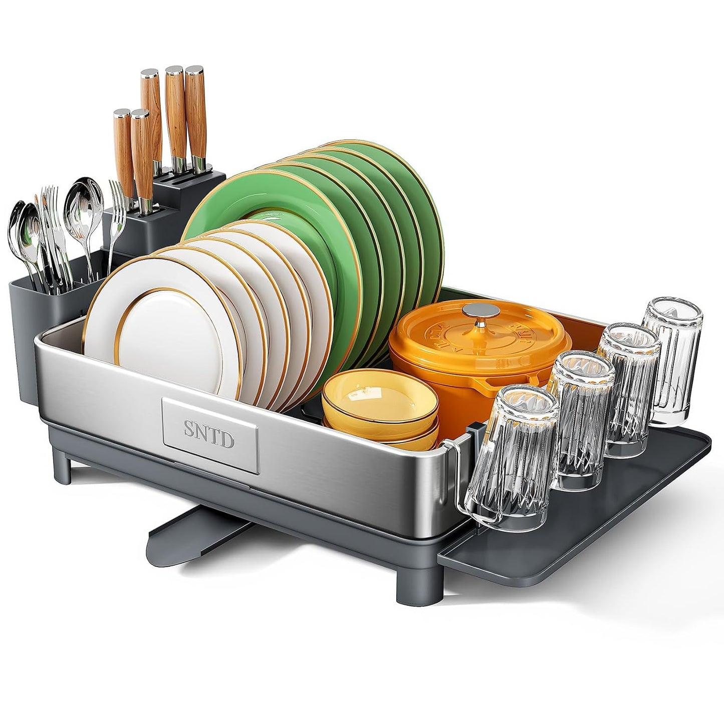 SNTD 304 Stainless Steel Dish Drying Rack for Small Kitchen Counter, Grey | Rustproof, Large Capacity, Heavy-Duty Frame, Rotating Spout, Angled Drainboard, Removable Cup & Utensil Holder