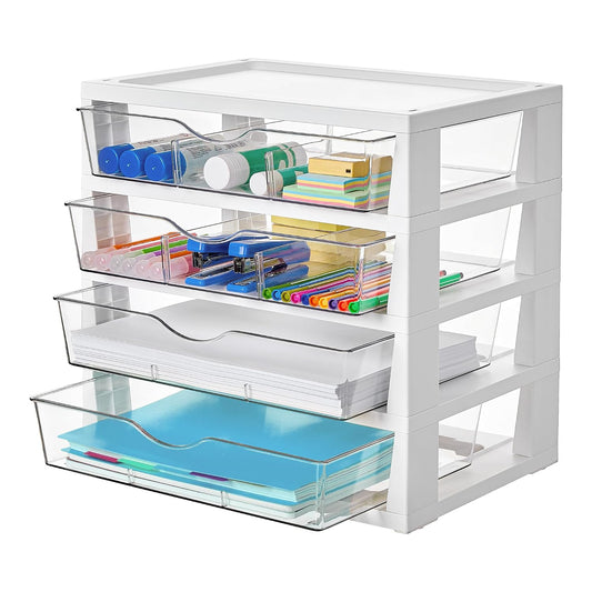 Clear Desktop Organizer, 4-Tier Drawer Storage wit... (White | Plastic)
