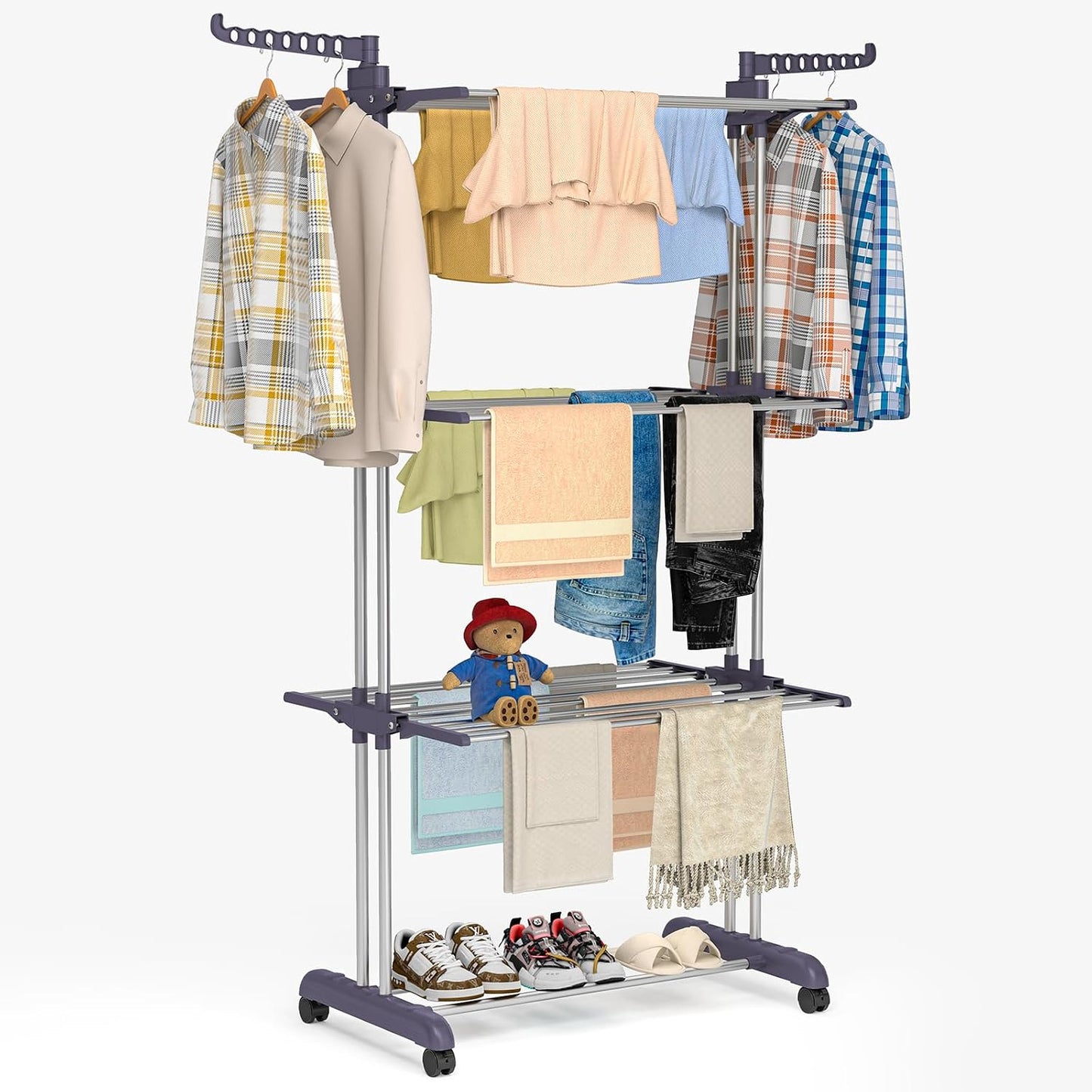 Bigzzia Clothes Drying Rack Folding with Wheels Drying Rack Clothing Clothes Horses Rack Stainless Steel Laundry Drying Rack with Two Side Wings 4 Tier Grey