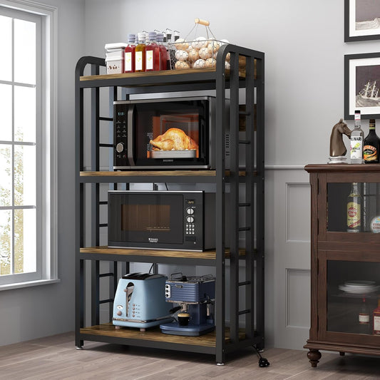Bakers Rack with Power Outlet ，4-Tier Kitchen Bake... (Rustic Brown | Engineered Wood)