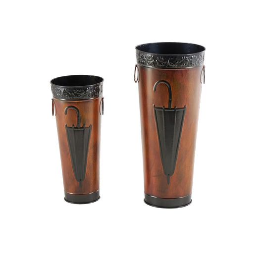 Deco 79 Metal Umbrella Stand with Umbrella Image and Handles, Set of 2 21", 17"H, Brown