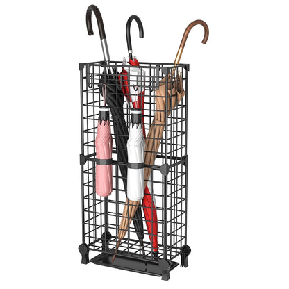 AWTATOS Umbrella Holder Entryway, Umbrella Stand Freestanding, Black | Metal Square Umbrella Rack Organizer with a Removable Drip Tray, Hooks