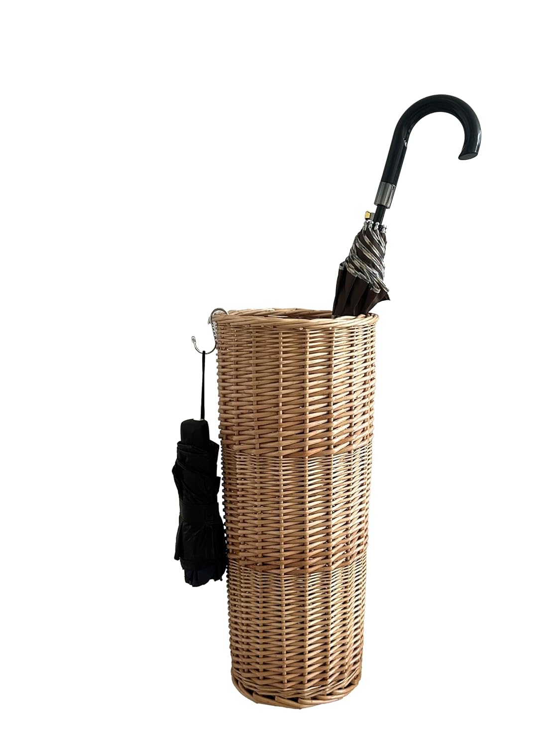 Natural Rattan Umbrella Stand for Entryway, 21.2H x 9.4L x 9.4W, Detachable Drip Tray & 2 Metal Hooks – Storage for Umbrellas, Canes & Walking Sticks, Stylish Home Decor