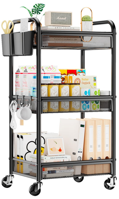 3 Tier Metal Rolling Cart, Black Utility Storage Cart with Wheels | Metal Mesh Craft Cart With Hooks & Hanging Cups, Ideal For Kitchen, Bathroom, Office, Dorm, Art Workspace, Bedside Storage
