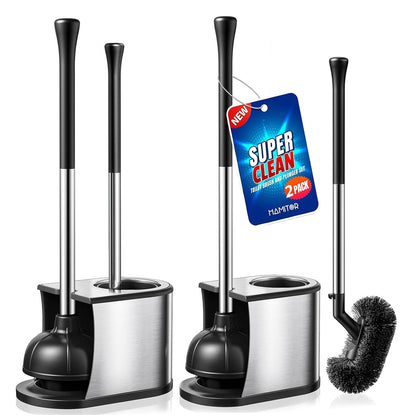 HAMITOR Toilet Plunger and Brush Set: Curved Bristles, 2-Pack | Stainless Steel, 2 in 1 Toilet Bowl Brush with Holder, Deep-Cleaning, Heavy Duty Unclogger for Household & Hotel