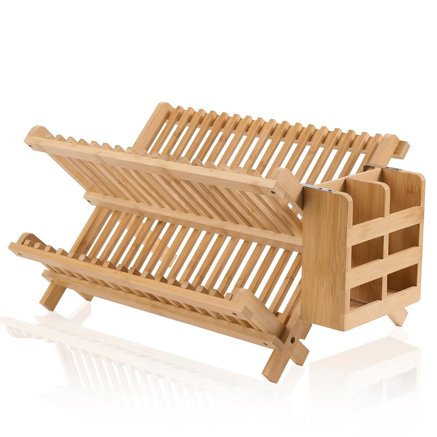 Bamboo Dish Drying Rack-2 Tier, Collapsible Small Dish Rack with Utensil Holder, Wooden Drying Rack for Kitchen Counter, Apartment Essentials Kitchen Plate Holder Organization 34 pcs Grid