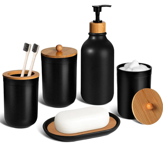 Black Bathroom Accessories Set 5 Pcs, Matte Black... (Black | Plastic)