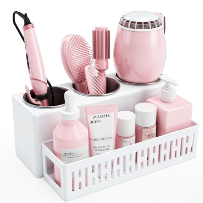 Hair Tool Organizer, Detachable Hair Dryer Holder with 3 Stainless Steel Cups, Wall Mounted Bathroom Organizers and Storage for Accessories, Curling Irons, Straighteners, Toiletries, Makeup