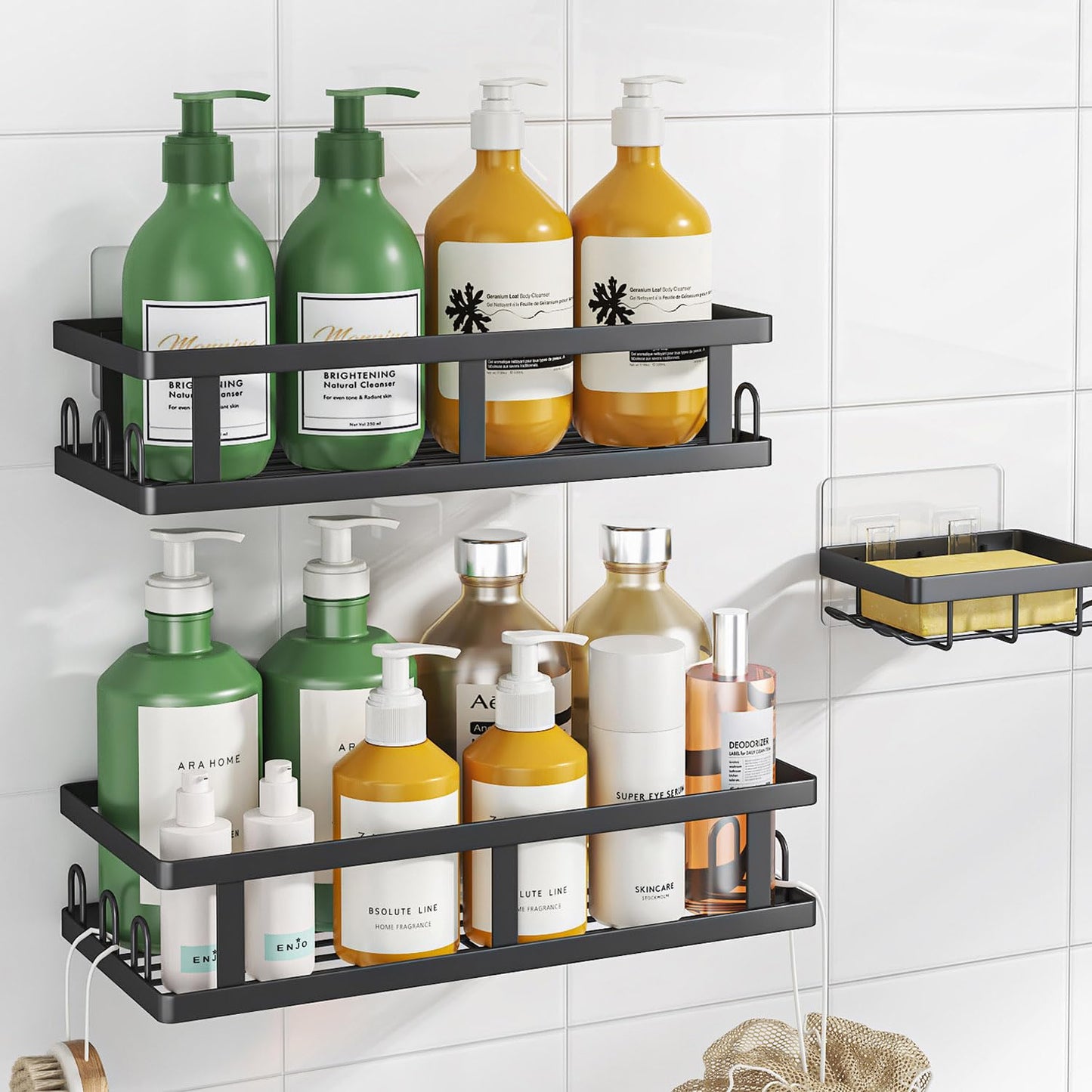 Shower Caddy Adhesive,No Drill Bathroom Organizer with Soap Holder,Large Capacity Rustproof Shelves for Inside Shower,Bathroom Organizers and Storage,Black