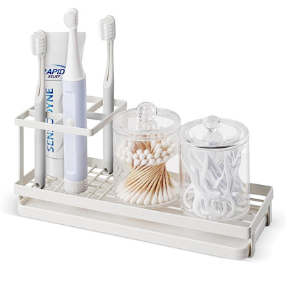 Toothbrush Holders for Bathrooms, 4 Slots Metal Tooth Brushing Organizer | Rustproof Electric Tooth Brush Toothpaste Holder with Drainage for Bathroom Countertop, White