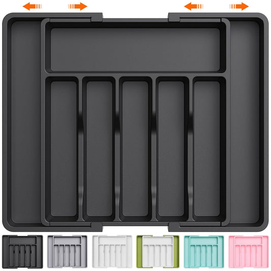 Lifewit Extra Large Silverware Drawer Organizer, Expandable Utensil Tray for Kitchen, BPA Free Flatware and Cutlery Holder, Adjustable Plastic Storage for Spoons Forks Knives, 13-22 x 15, Black