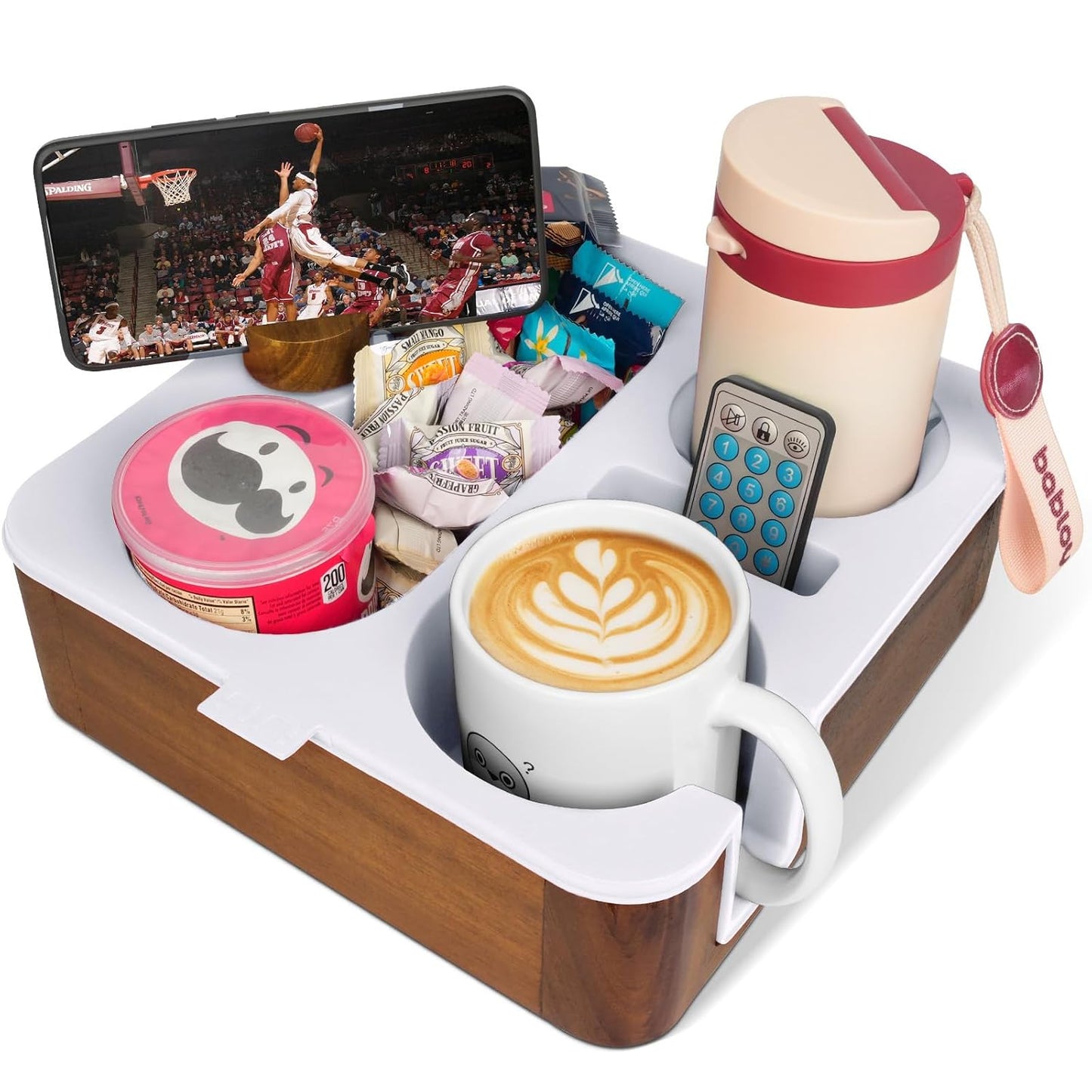 Couch Cup Holder Tray, Real Acacia Wooden Caddy with Soft Silicone, Snack and Drink Organizer- Perfect Movie Night Accessories for Bed, Remote and Cup Holders for Sofa (White)