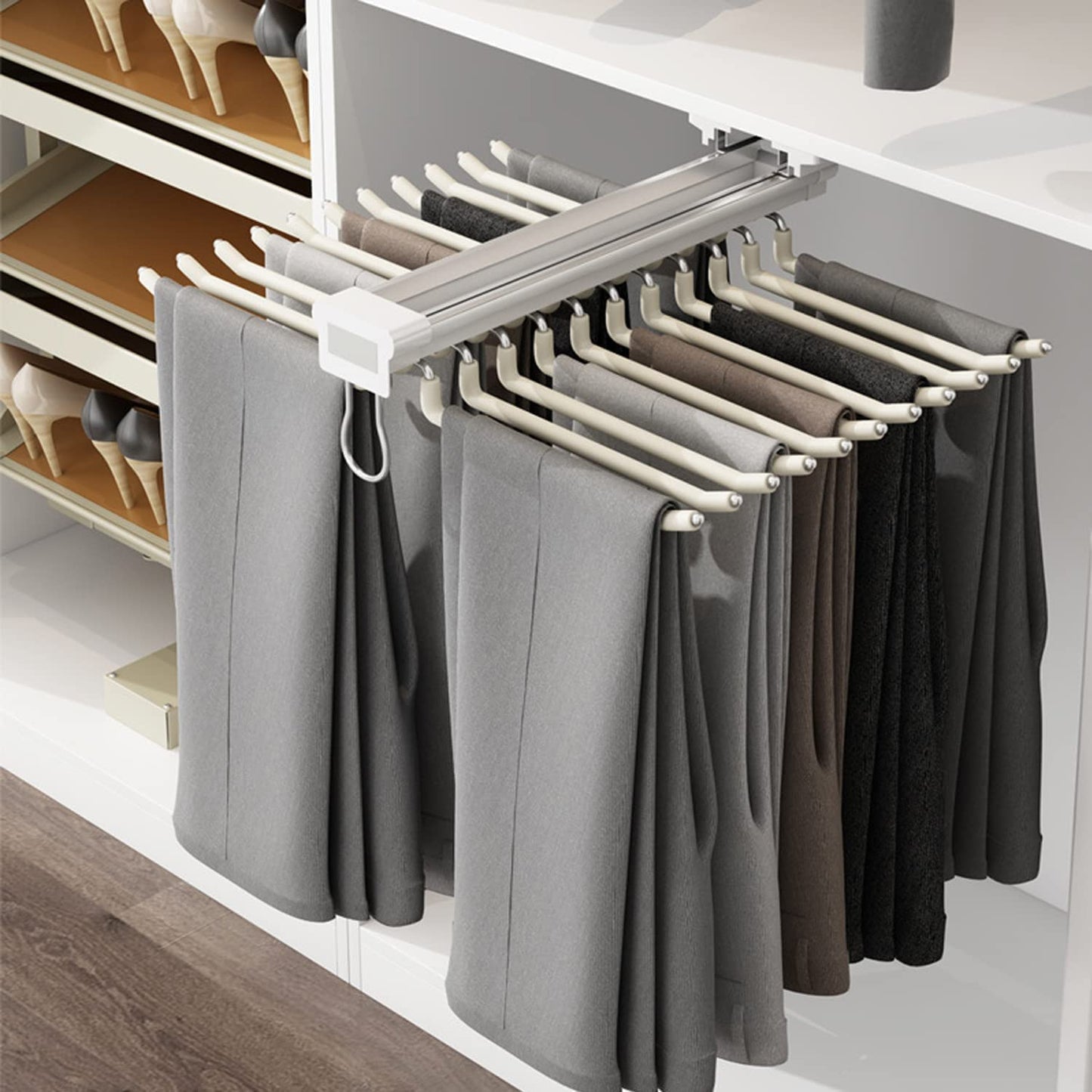 MYOYAY Pull Out Trousers Rack 22 Arms Steel Pull Out Pants Rack Pants Hanger Bar Clothes Organizers for Closet for Space Saving and Storage Maximum Load 33lbs Beige 23.4x18x5.7inch