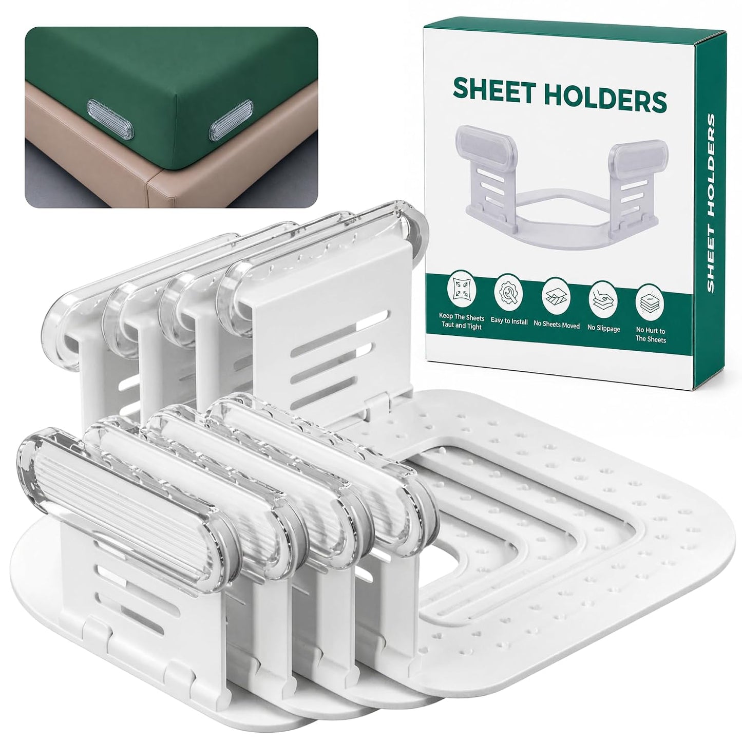 Bed Sheet Holders for Corners, Fitted Sheet Holder & Sheet Fasteners, No More Loose Sheets, Keep Sheets Firm & Tight, No-Slip Lock Design, Fit All Mattress Sizes