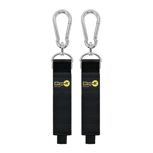 Hook 'n Hang Wrap-It Storage Straps - 18" (2-Pack) Black | Carabiner Straps to use as an Extension Cord Holder with Hooks