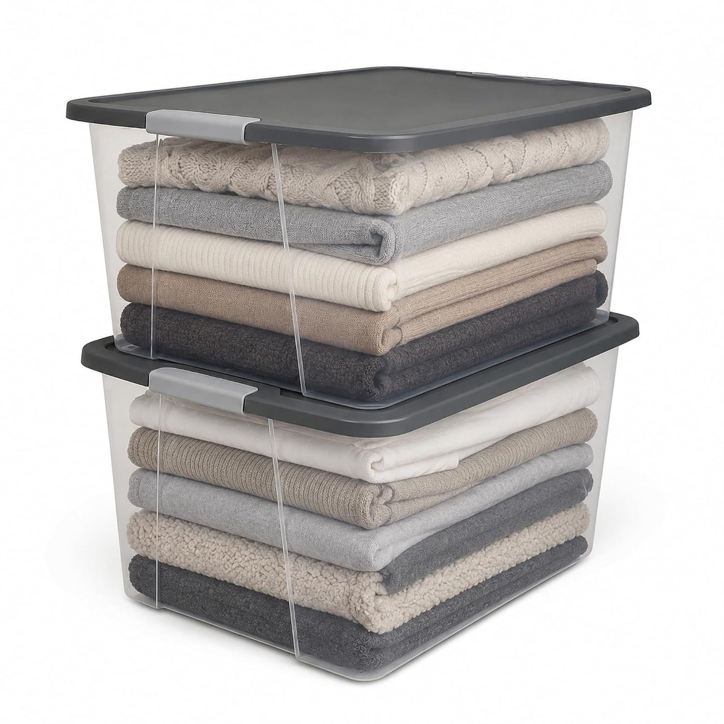 HOMZ Clear Plastic Storage Bin with Secure Latching Gray Lid, 64 Qt, 2 Pack | Heavy-Duty Stackable Containers, Large Organizer Box for Homes, Offices, and Garages
