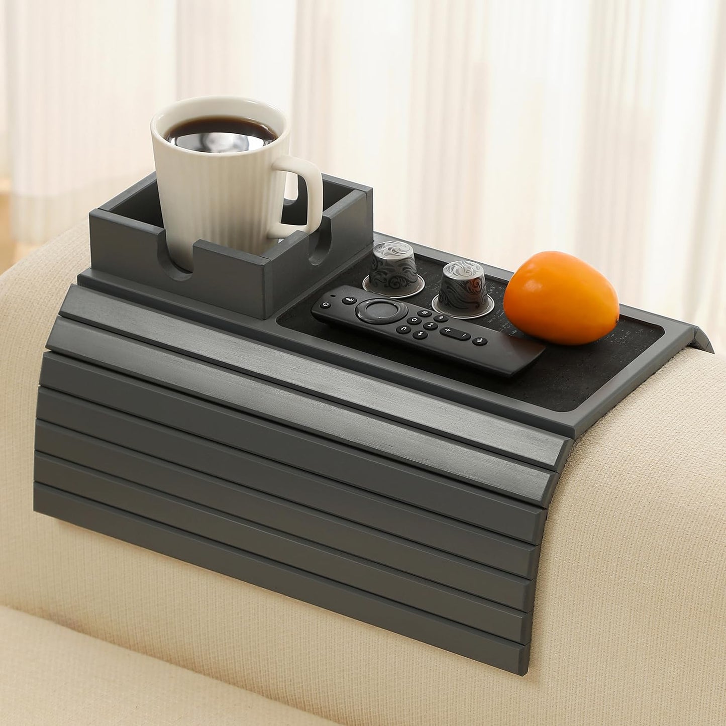 Bamboo Couch Cup Holder Arm Tray Table with Anti-Slip Cork Pad，Couch Drink Holder，Sofa Cup Holder Armrest Tray，Foldable Arm Chair Table Recliners for Drink, Cups, Eats，Snacks, Phone, Remote (Gray)