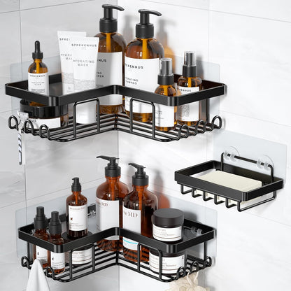 Corner Adhesive Shower Caddy, with Soap Holder and 12 Hooks, Rustproof Stainless Steel Bathroom Organizer, No Drilling Wall Mounted Rack, Black, 3-Pack