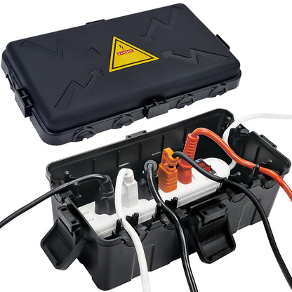 Medium Outdoor Electrical Box(10.6x5.5x4.5inch),Weatherproof Connection Box w/6 Cable Entry,IP54 Waterproof Extension Cord Cover Protect Power Strip,Timer,Plug,Holiday Lights,Black