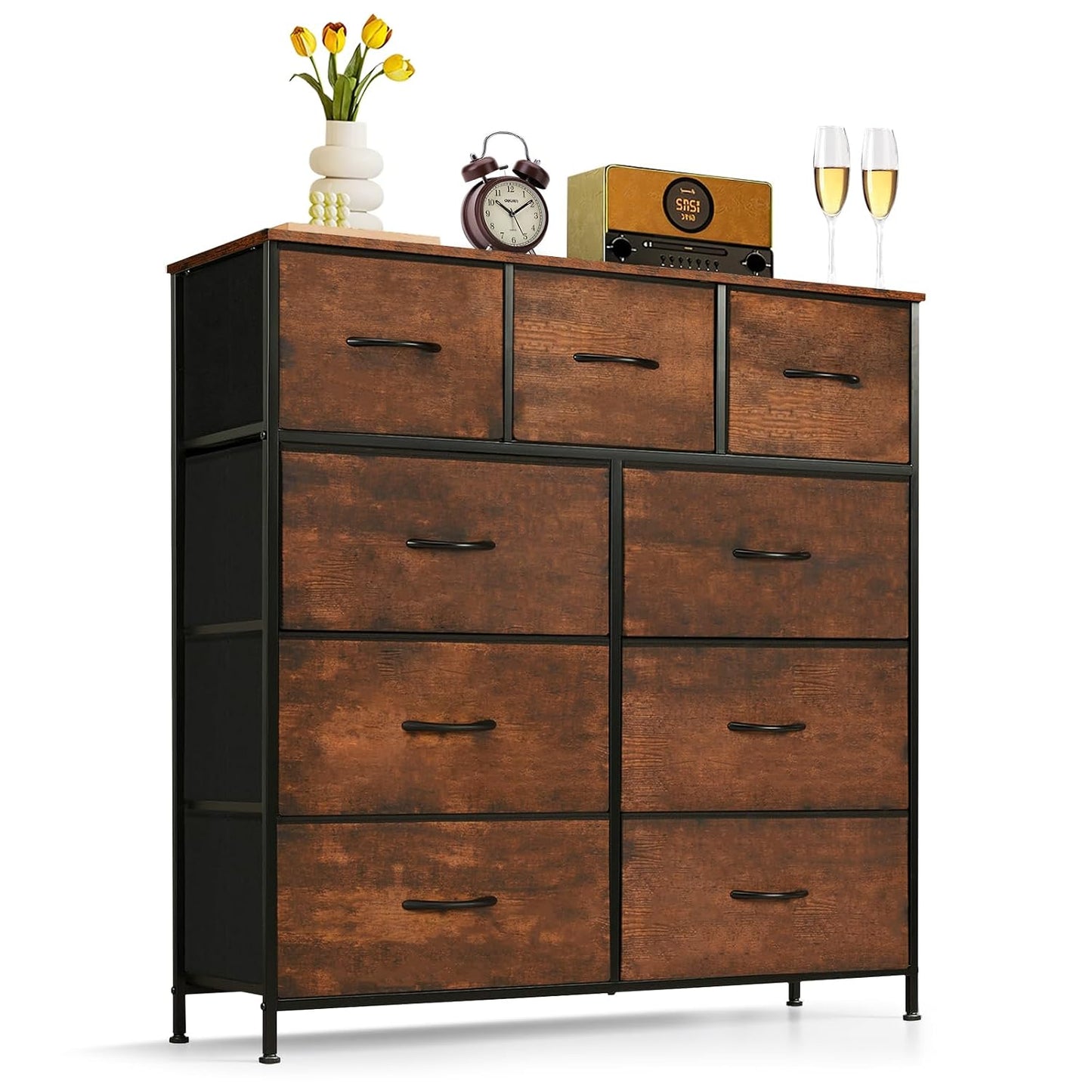 9-Drawer Dresser for Bedroom, Anti-Tip Tall Storage Organizer | Chest of Drawers with Wooden Top and Metal Frame Fabric Bins for Closet, Living Room, Hallway, Entryway, Brown