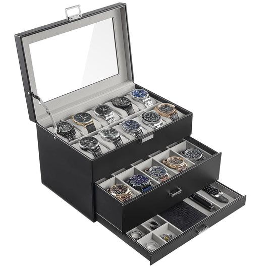 ProCase 3-Layer Watch Box with Glass Lid for Men, 20-Slot, Black | PU Outer, Velvet Lining, Jewelry Storage Organizer with Drawer, for Straps Cufflinks Rings, Gift for Men Father Dad Husband