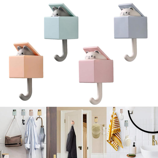4Pcs Cute Self Adhesive Wall Hooks for Coat,Towel,Key,Scarf, Hat | Heavy Duty Wall Hooks for Hanging,Waterproof,Kawaii Room Decorative Cat Hook for Bathroom,Bedroom,Tiles, Glass Door or Mirror