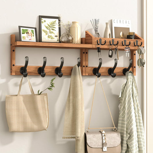 29" Coat Rack Wall Mount with Shelf & 11 Hooks, En... (Brown | Pine)
