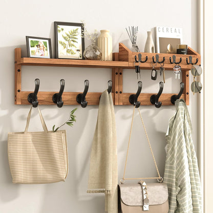 Evermagin 29" Coat Rack Wall Mount with Shelf & 11 Hooks, Entryway, Brown | Wooden Wall Mounted Coat and Key Rack with Hooks, Key Hanger with Mail Holder for Living Room, Mudroom, Bedroom