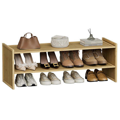 2 Tier Bamboo Shoe Rack, Extended Wood Shelf for Closet | Extended length fits more pairs. 6.7in height holds boots. Versatile for plants, books, sundries.