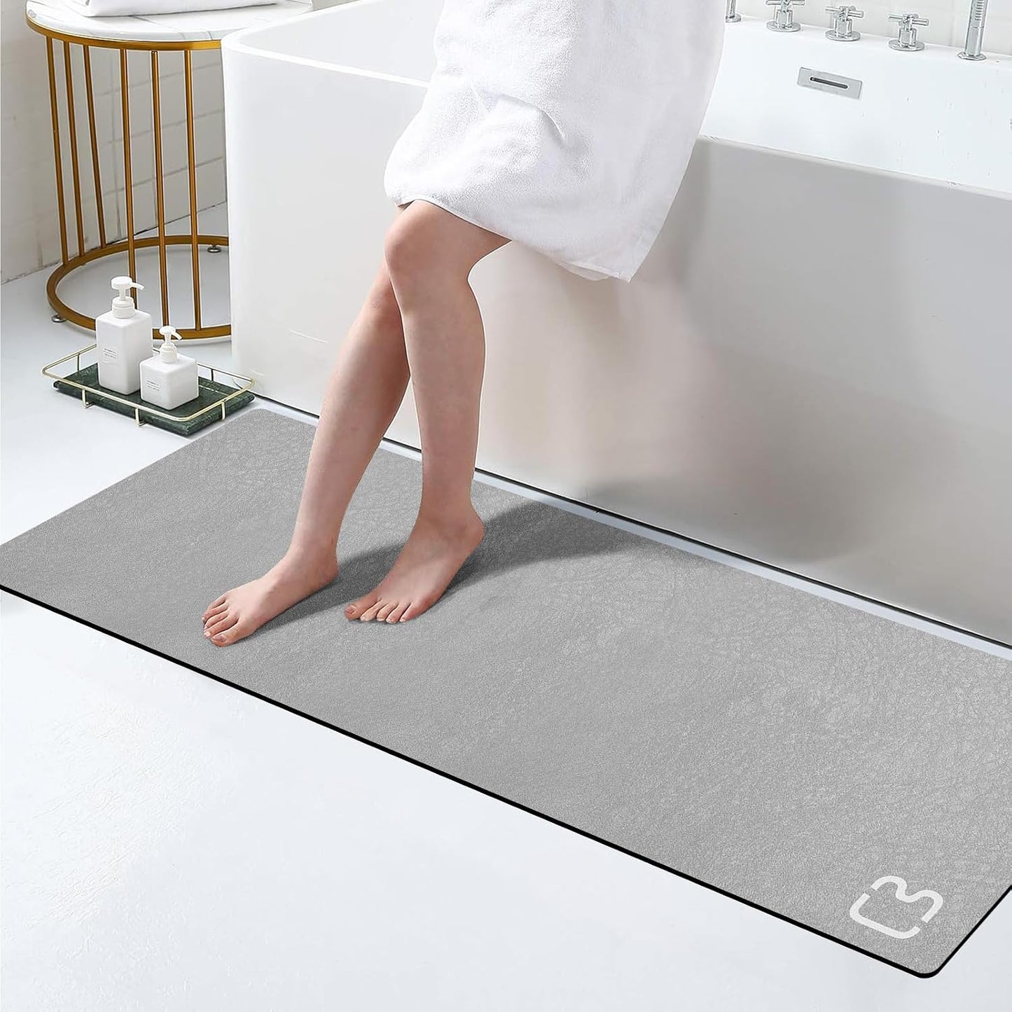 Grey Long Bathroom Rugs Large Stone Bath Mats for Bathroom,15.7"x47" | Non Slip Rubber Backed Quick Dry Super Absorbent Diatomaceous Earth Bath Mat Extra Long Thin Diatomite Bathroom Mat Runner