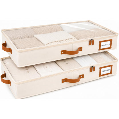 2pc Low Profile Under Bed Storage Containers, Thin Under Couch Storage Organizer with Bins & Lids, Underbed Storage Box Ideal for Seasonal Clothes, Blankets, Fabric & Shoes (Ivory)