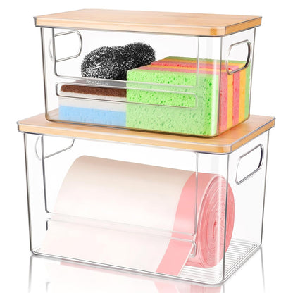 Trash Bag Holder Dispenser 2 Pack, Under Sink Organizer for Pantry, Kitchen | Acrylic Garbage Bag Dispenser, with Bamboo Top & Handles, Extra Large, Keep Onions and Potatoes Neat, Clear, Stackable, XL+S